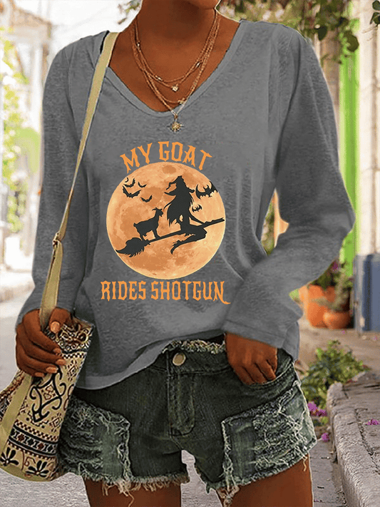 Women's Witch MY GOAT RIDES SHOTGUN Fun Print Casual V-Neck Long Sleeve T-Shirt