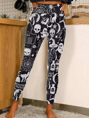 Women's Black Halloween Witch Hats Cats Print Leggings