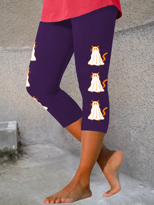 Women's Halloween Funny Ghost Cat Print Cropped Leggings