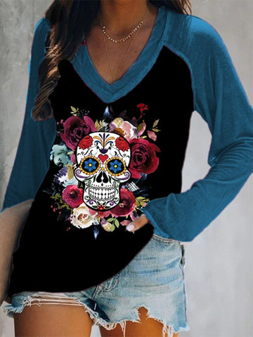 Women's Day Of The Dead Sugar Skull Print Double Layer V-Neck Long Sleeve T-Shirt