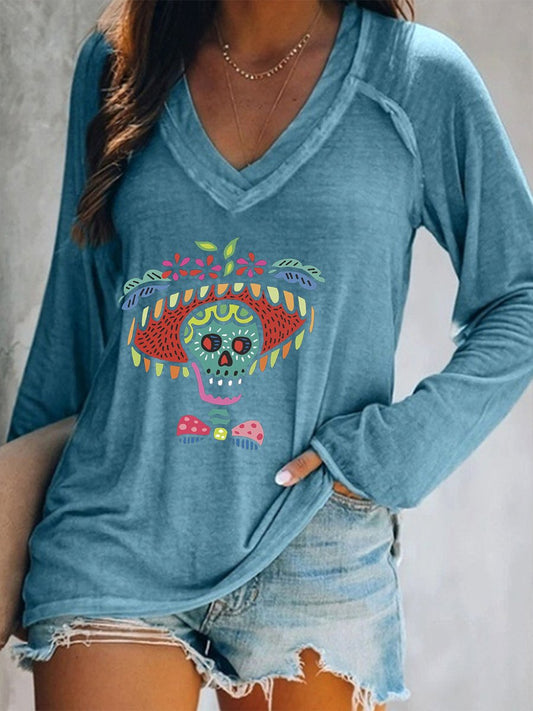 Women's Day of the Dead DIa De Los Muerdos Cute Skull Print Top