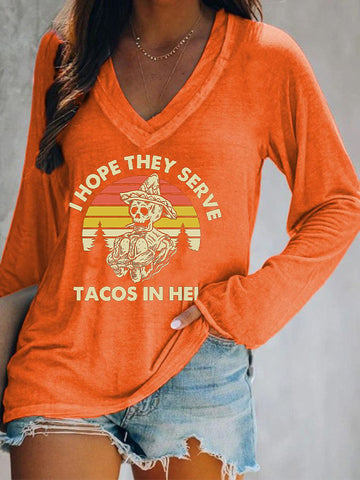 Women's I Hope They Serve Tacos in Hell Skeleton Day of the Dead Print Double V-Neck Long Sleeve T-Shirt