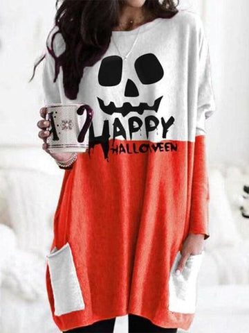 Women's Happy Halloween Bat Grimace Print Pocket T-Shirt