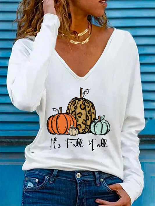 Women's Halloween It's Fall Y'all Pumpkin Print V-Neck Long Sleeve T-Shirt