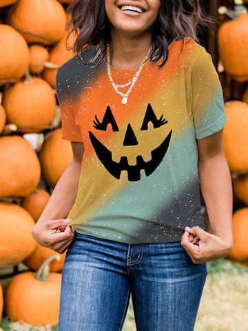 Women's Colorful Ombre Pumpkin Face Print Casual Tee