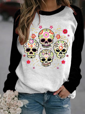 Women's Day of the Dead Dia De Los Muertos Skull Flower Print Sweatshirt