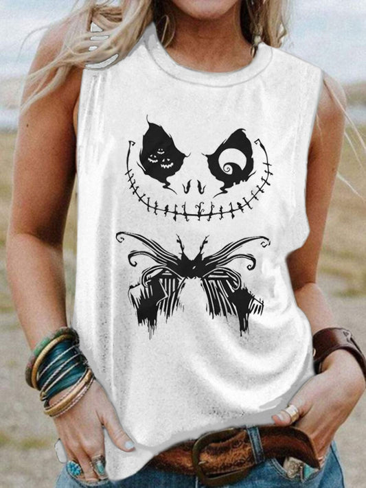 Women's Halloween Skull Face Print Sleeveless T-Shirt