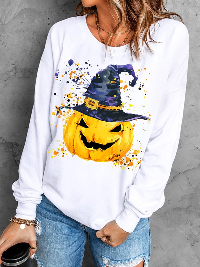 Women's Halloween Pumpkin Wizard Hat Painting Sweatshirt