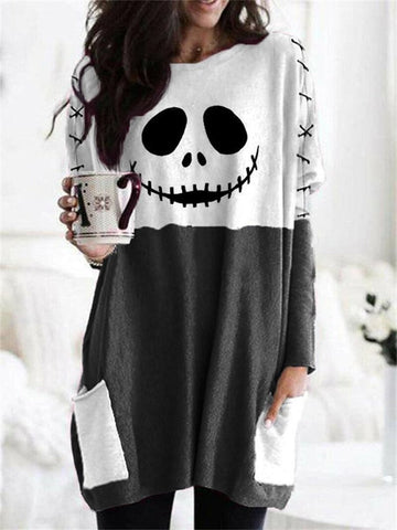 Women's Halloween Funny Skull Emoticon Print Patchwork Sweatshirt