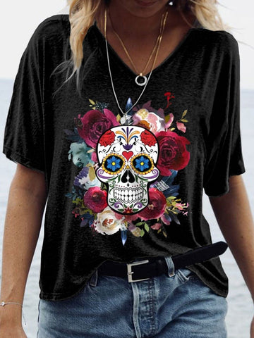 Women's Day of the Dead Sugar Skull Flower Crown Print Casual V-Neck Tee