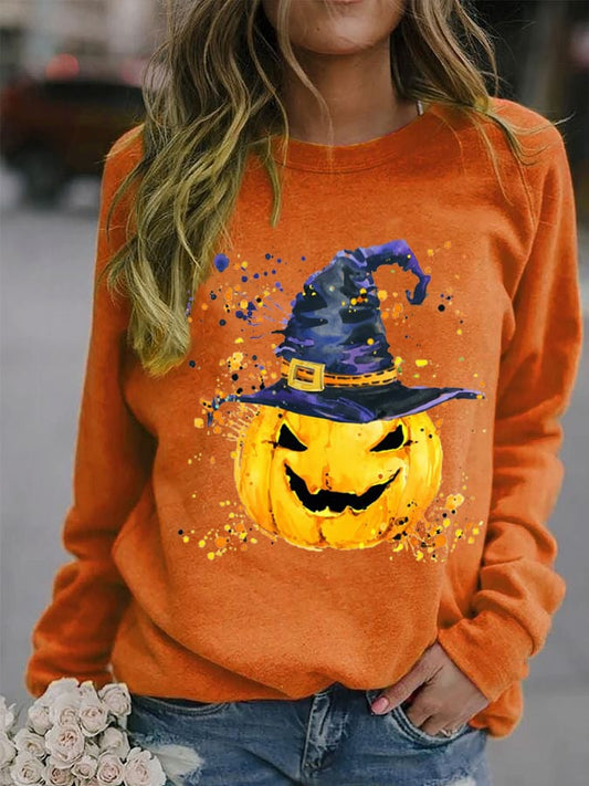 Women's Halloween Pumpkin Wizard Hat Oil Painting Long Sleeve Top