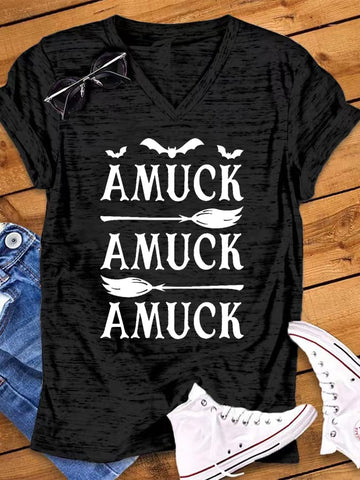 Women's Amuck Amuck Amuck Broom Print Snowflake Dot V-Neck T-Shirt