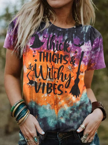 Women's Halloween Thick Thighs & Witch Vibes Tie Dye T-Shirt