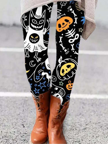 Women's Halloween Pumpkin Ghost Fun Print Leggings