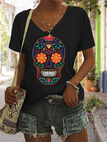 Women's Day Of The Dead Skull Print V-Neck Casual T-Shirt