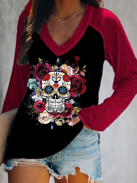 Women's Day Of The Dead Sugar Skull Print Double Layer V-Neck Long Sleeve T-Shirt