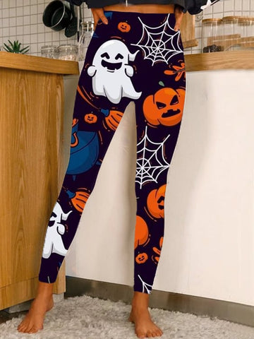 Women's Halloween Pumpkin Ghost Fun Print Leggings