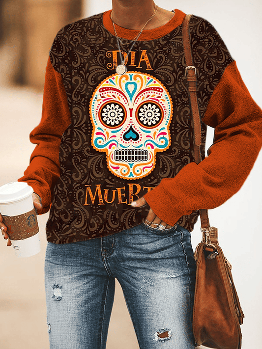 Women's Art Undead Skull DAY OF THE DEAD Print Sweatshirt