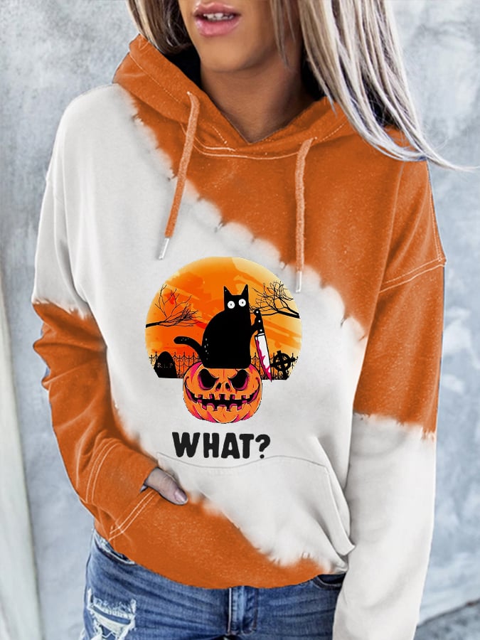 Women's Pumpkin Cat Print Pocket Hoodie