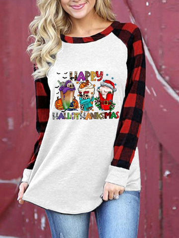 Women's Happy Hallothanksmas Coffee Print Colorblock Plaid T-Shirt