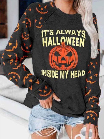 Women's It's Always Halloween Inside My Head Pumpkin Face Print Sweatshirt