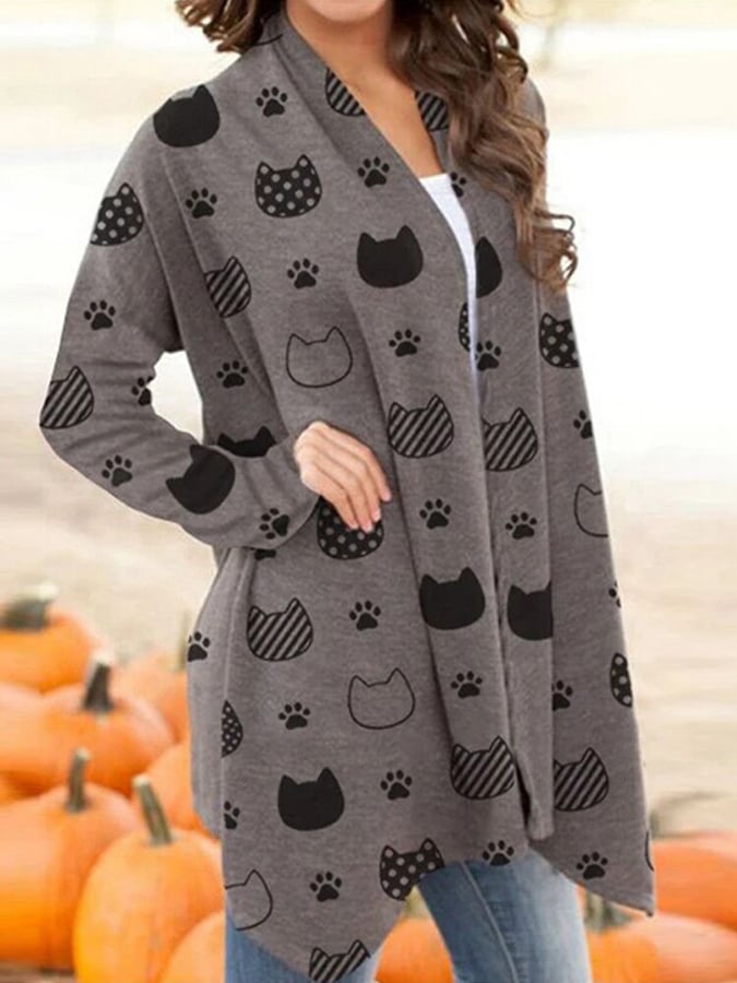 Women's Casual Halloween Cat Printed Cardigan