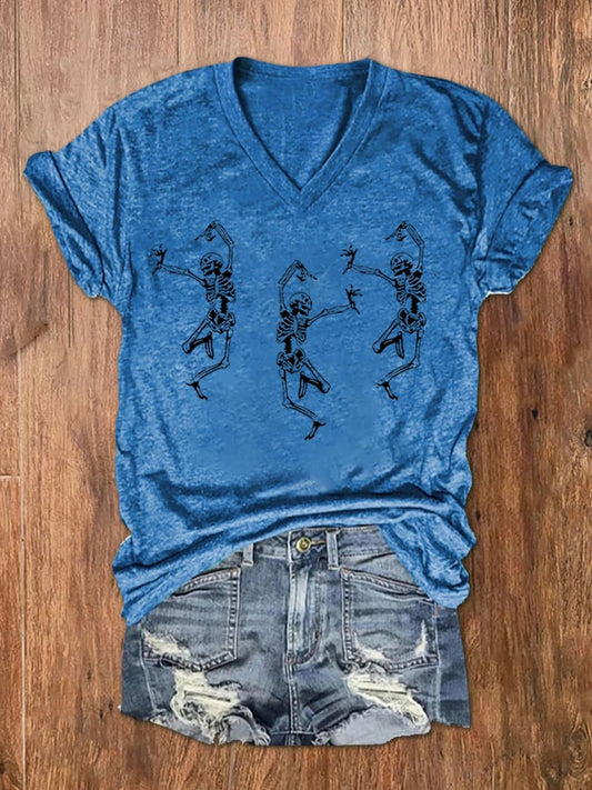 Women's Dancing Skull Print V-Neck T-Shirt