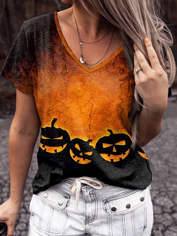 Women's Halloween Pumpkin Print V-Neck T-Shirt