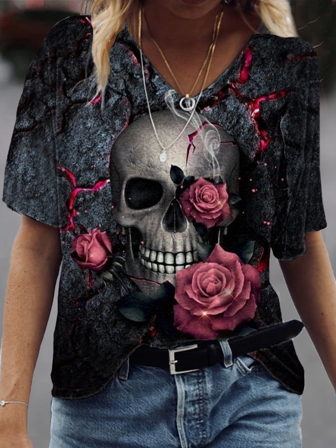 Women's Rose Skull Print Casual V-Neck Tee