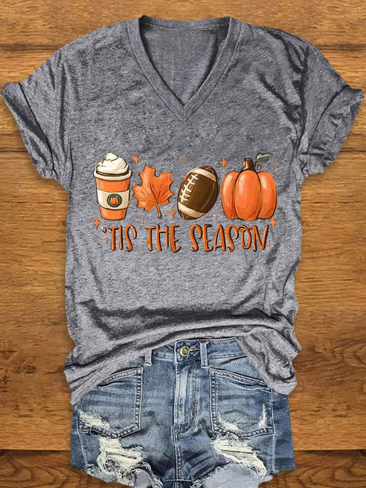 Women's Halloween Tis The Season Pumpkin Print V-Neck T-Shirt