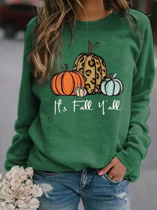 Women's Halloween It's Fall Y'all Pumpkin Print Sweatshirt