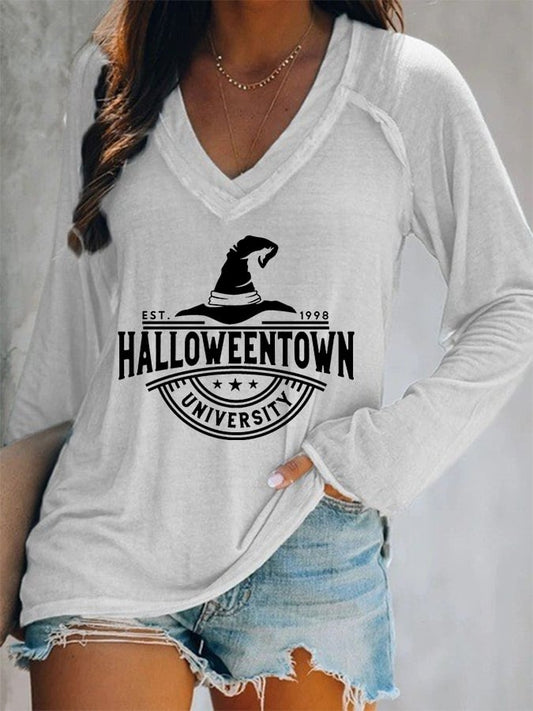 Women's Halloweentown University Print Double Layer V-Neck Long Sleeve T-Shirt