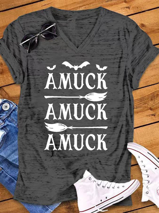 Women's Amuck Amuck Amuck Broom Print Snowflake Dot V-Neck T-Shirt