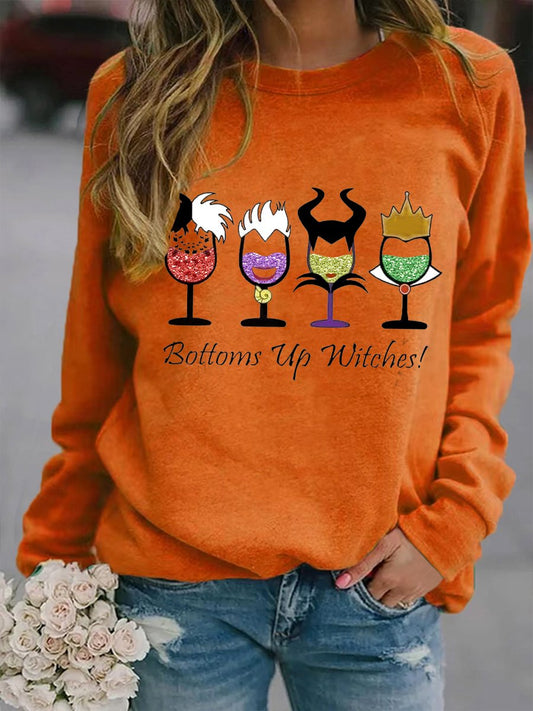 Women's Halloween Bottoms Up Witches! Wine print sweatshirt