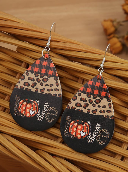 Women's Thanksgiving Plaid Leopard LOVE Pumpkin PU Earrings