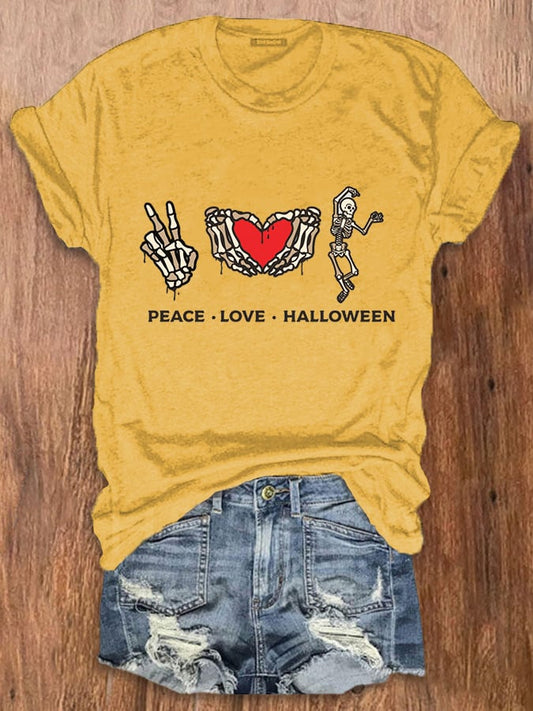 Women's Peace Love Halloween Skull Print Crew Neck T-Shirt