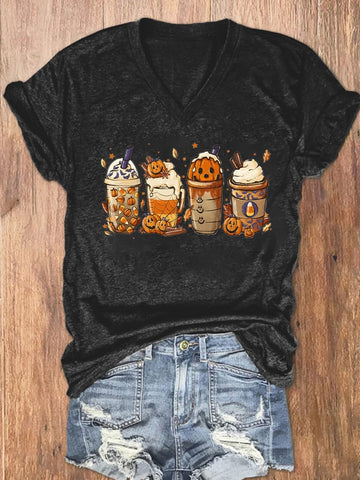 Women's Halloween Pumpkin Print V-Neck T-Shirt