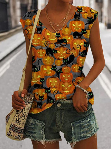 Women's Orange Pumpkin Glow Black Cats Halloween Sleeveless Tee