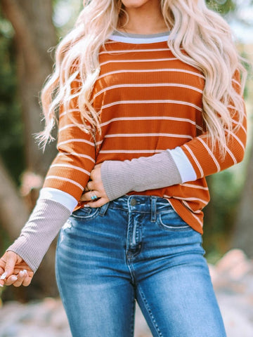 Women's Orange Casual Striped Sweater