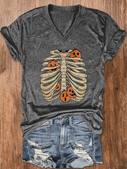 Women's Pumpkin & Skull Skeleton Print V-Neck T-Shirt