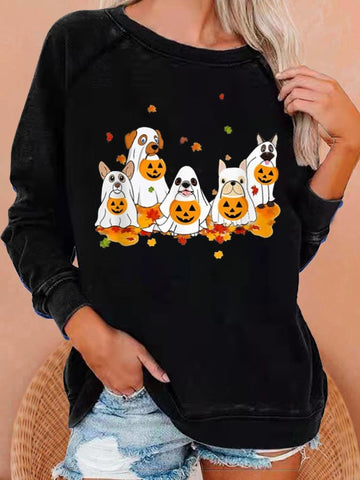 Women's Halloween Ghost Dog Print Casual Crewneck Sweatshirt