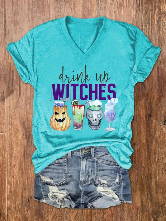 Women's Drink Up Witches Print V-Neck T-Shirt