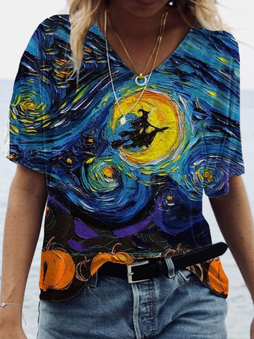 Women's Halloween Art Print V-Neck T-Shirt