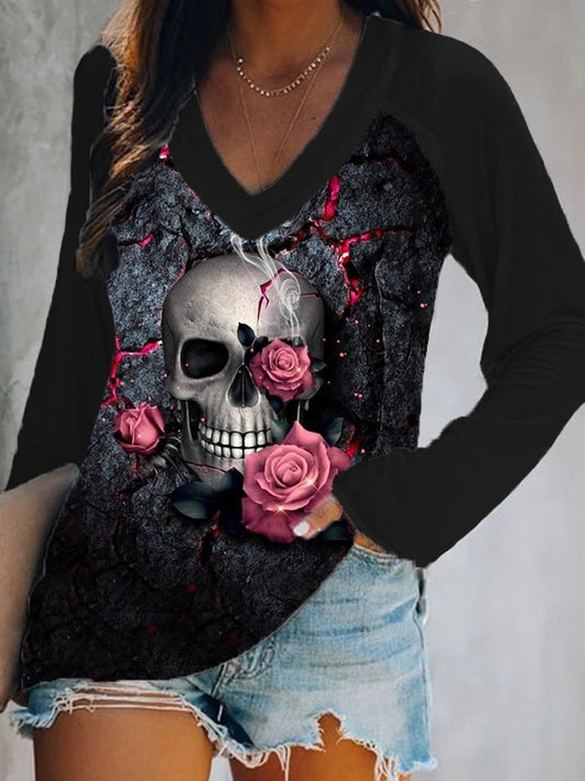 Women's Rose Skull Print Casual V-Neck Long-Sleeve T-Shirt