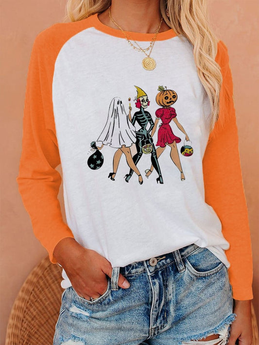 Women's Ghost & Pumpkin Girl Print Raglan Sleeve T-Shirt