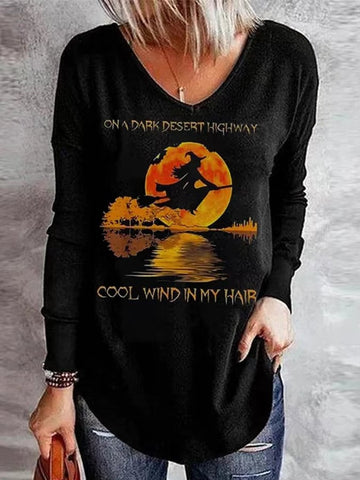 Women's ON A DARK DESERT HIGHWAY COOL WIND IN MY HAIR Halloween Printed V-neck T-shirt