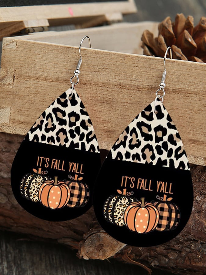 Women's Thanksgiving It's Fall Y'all Pumpkin Leopard PU Earrings