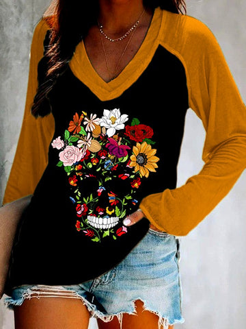 Women's Art Undead Skull Print Double Layer V-Neck Long Sleeve T-Shirt