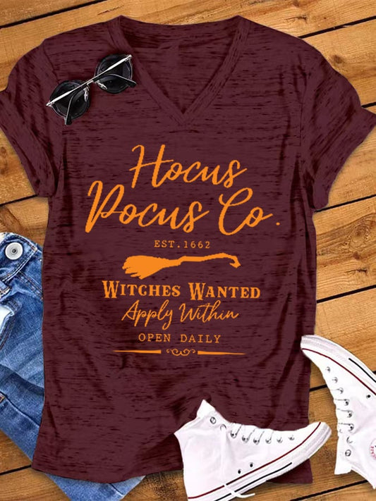 Women's Halloween Witch Graphic Casual V-Neck Tee