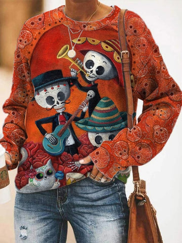 Women's Day of the Dead Dia De Los Muertos Skull Cat Guitar Print Sweatshirt